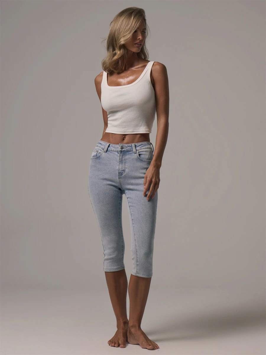 MUSERA Mid Rise Skinny Fitted Denim Capri Style Jeans Autumn Winter Fall Daily Eveyday Core Denim - Baby Blue - View 1