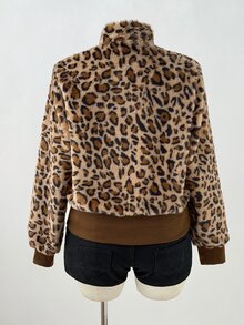 Sunspun Small Stand Collar Leopard Print Plush Short Thick Jacket Winter - Brown - View 2