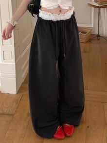 DAZY Women's Lace Patchwork Drawstring Waist Loose Fit Long Pants - Black - View 4