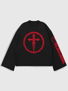 ROMWE MEN Street Life Men's Loose Fit Letter Print Long Sleeve T-Shirt For Daily Wear - Black - View 1