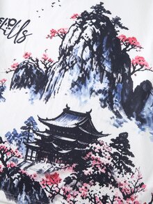 ROMWE MEN Street Life 男士風景圖案休閒長袖花卉拼接配色都市風套頭T恤，適合朋友，秋冬穿著 - 白色 - 查看 3