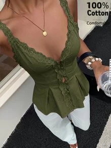 Aloruh Women's Elegant Casual Commute Top Lace Trim Patchwork Solid Color Sleeveless Blouse Summer - Army Green - View 1