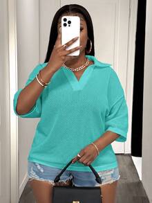 Slaydiva Plus Size Women Solid Color Collared Drop Shoulder Casual Knit Top - Baby Blue - View 6