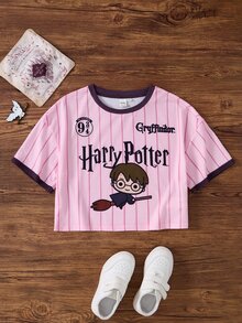 HARRY POTTER X SHEIN Tween Girl Summer Casual Striped Cartoon Print T-Shirt - Pink - View 1