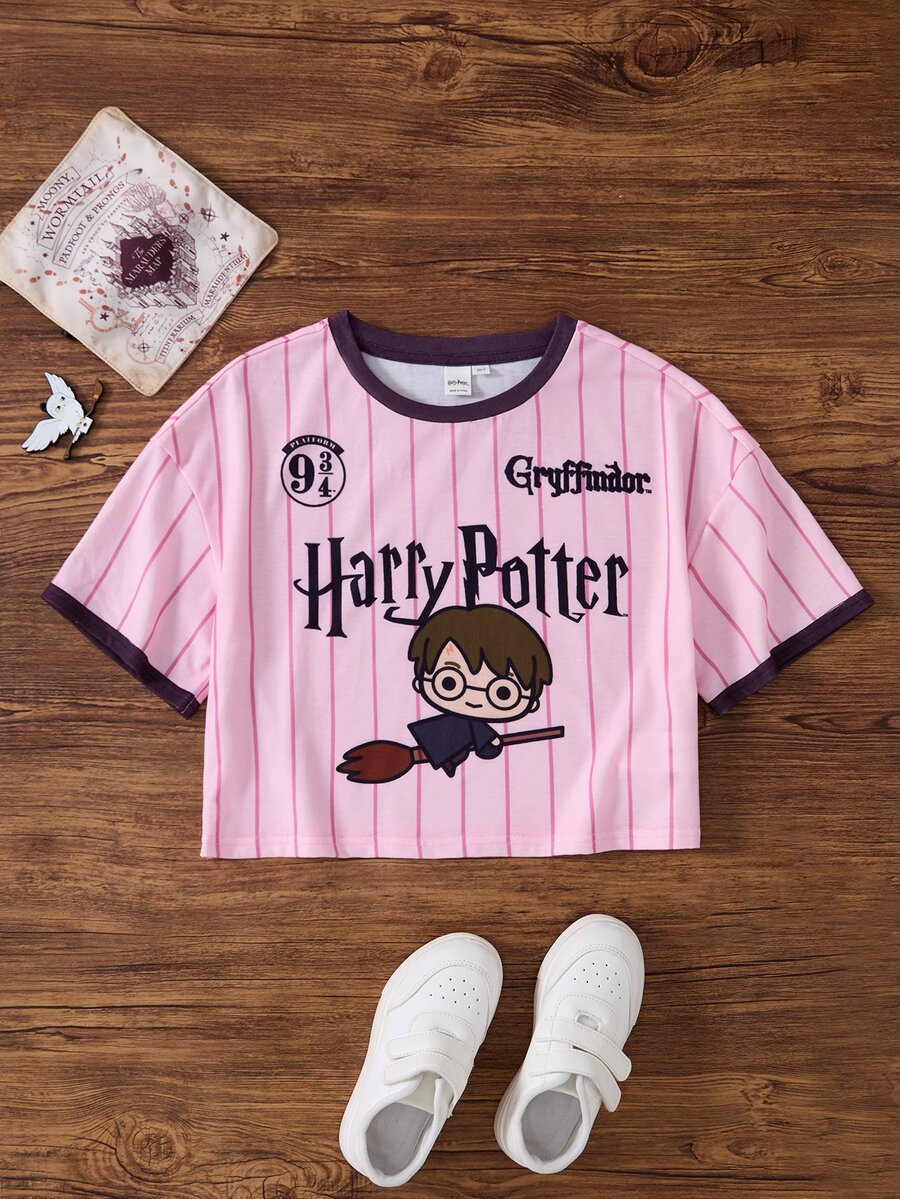HARRY POTTER X SHEIN Tween Girl Summer Casual Striped Cartoon Print T-Shirt - Pink - View 1
