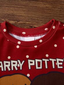 HARRY POTTER X SHEIN 女嬰波點卡通印花長袖上衣與長褲休閒日常居家睡衣套裝 - 紅色 - 查看 3
