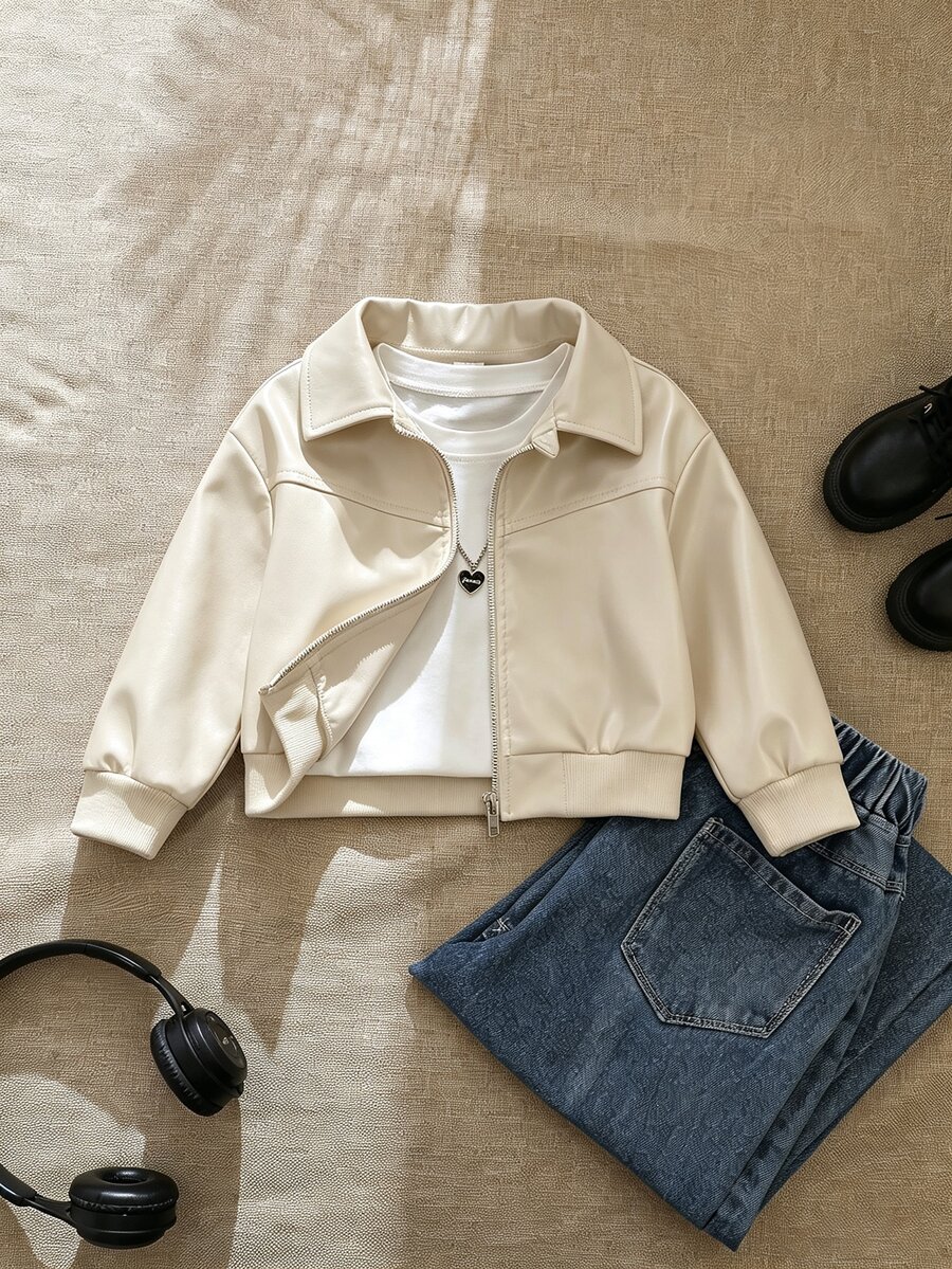 SHEIN Sparklyn Tween女孩黑色拉鍊翻領羅紋袖口街頭風百搭機車PU皮革寬鬆夾克,秋冬穿搭 - 米色 - 查看 1