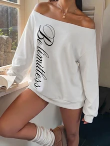 SHEIN EZwear 女款露肩寬鬆休閒長袖衛衣，厚實面料，適合秋冬穿著 - 彩色 - 查看 6