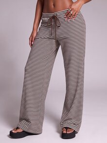 Nooralise Fashionable Hot Girl Sporty Striped Drawstring Tie Wide Leg Long Pants - Multicolor - View 4