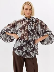 KÆRIA Hus Bow Tie Neck Balloon Sleeve Blouse Shadow Floral Print - Elegant, Luxury, Vacation - Multicolor - View 1