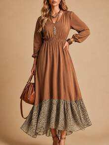 Linhara CURVE Plus Size Women's Spring Long Sleeve Fashion: Casual, Minimalist And Versatile Vintage Brown Patchwork Leopard Print Random Pattern Dress - Suitable For Autumn/Winter Wear - Multicolor - View 5