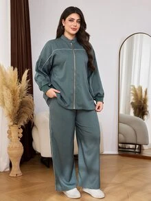 Lacomfia Plus Size Women's Loose Casual H-Line Stand Collar Long Sleeve Zip-Up Jacket And Regular Elastic Waist Straight Leg Pants 2 Pieces Set, Autumn - Green - View 6