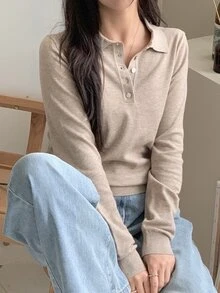 DAZY 女款純色修身長袖 Polo 領休閒度假韓風秋冬針織毛衣 - 粉色 - 查看 5