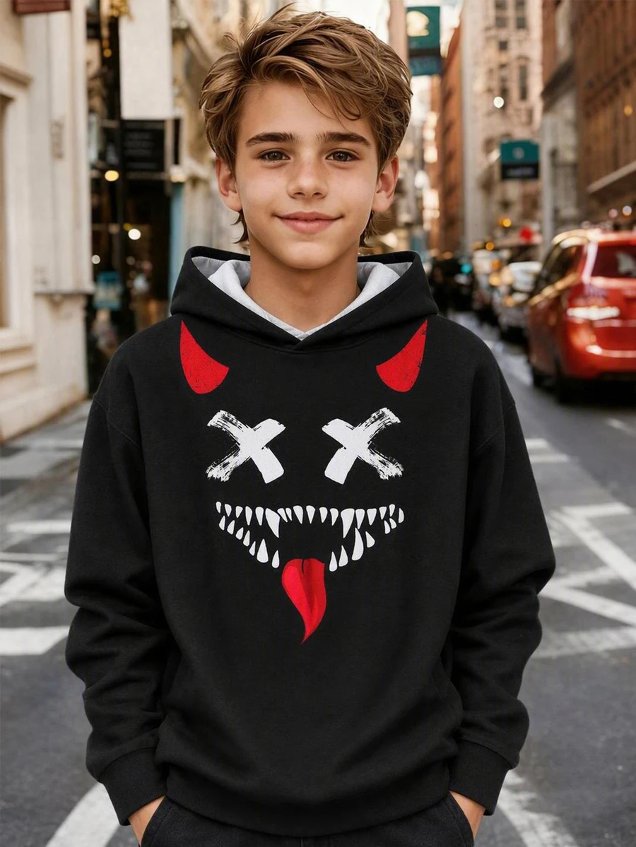 Kids Tween Boys Casual Devil Print Black Hooded Sweatshirt Suitable For The Fall Back-To-School Season