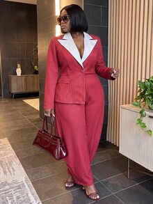 Slaydiva Plus Size Button Asymmetric Hem Long Sleeve Jacket And Striped Pants Suit Set - Red and White - View 3