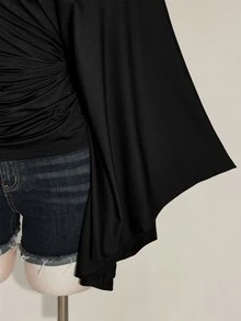 SHEIN ICON Women's Plus Size Retro Sexy Millennial Style Y2K Elegant Commuter Cold Shoulder Ruffled Short Sleeve Gathered Waist Black Top Fall - Black - View 6