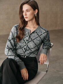 Anewsta Women's Winter Loose Comfortable Grey Knit Cardigan With Diamond Pattern For Outdoor Wear - Grey - View 6