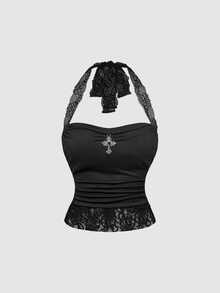 SHEIN MOD Women's Black, Form-Fitting Halter-Neck Tank Top Featuring An Open Back, Lace Trim, A Rhinestone Cross Motif, And Ruched Detailing. Blending Coquette - Black - View 5