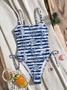 SHEIN Swim 女款條紋海星印花連身泳衣，適合海灘度假、泳池派對、海灘派對 - 彩色 - 查看 3