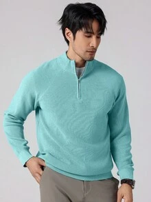 Manfinity Homme 男士素色插肩袖長袖半拉鍊休閒毛衣 - 薄荷藍 - 查看 5