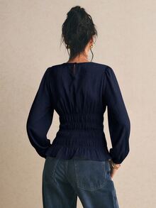 Poéselle Atasan Lengan Panjang Wanita Warna Polos Berlipit, Kasual, Serbaguna untuk Sehari-hari - Navy Blue - View 2