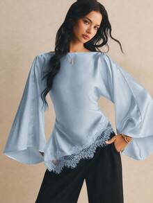 Poéselle Women's French Gentle Lace Patchwork Asymmetrical Hemline Blouse - Dusty Blue - View 3