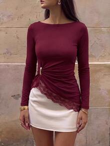 Lumalex 女款優雅蕾絲拼接開衩上衣 - 酒紅色 - 查看 3