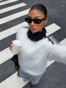 Muchica Minimalist Fashion Fuzzy Striped Knit Cardigan - Black and White - View 3