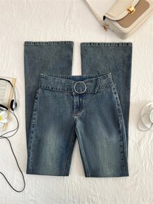 Elamini Women's Casual Denim Flare Pants With Waist Ring Connector - Blue - View 1