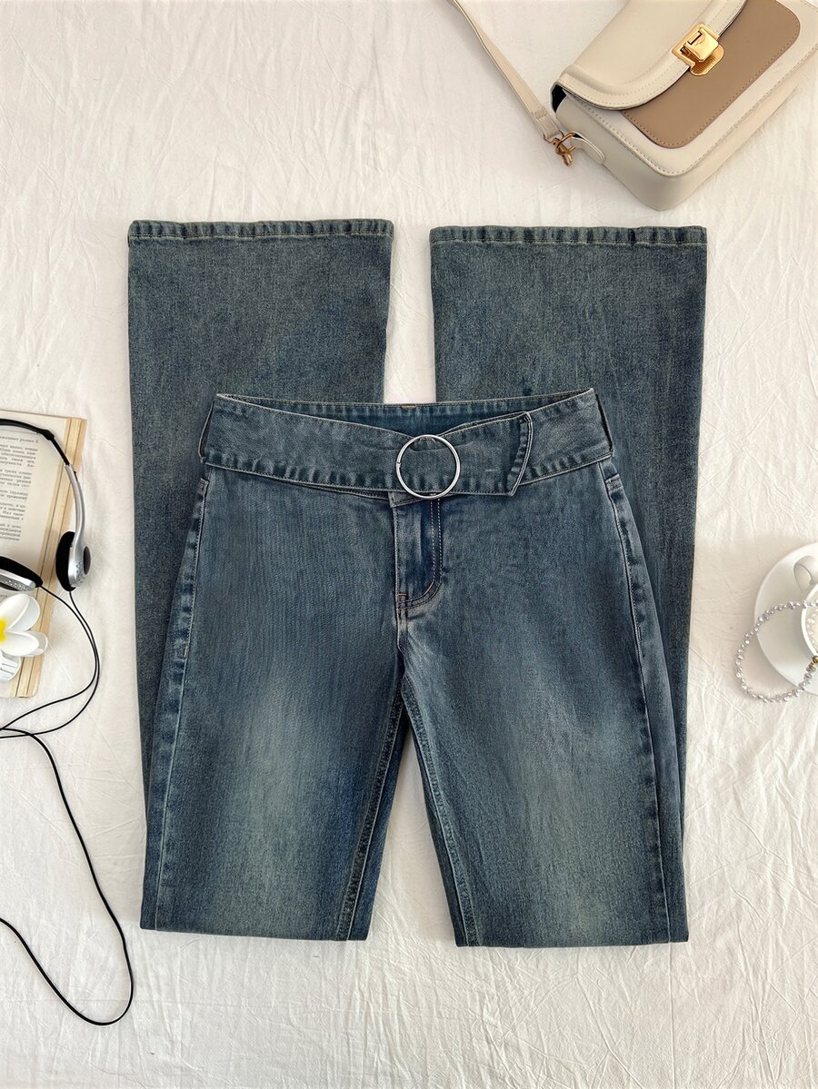 Elamini Women's Casual Denim Flare Pants With Waist Ring Connector - Blue - View 1