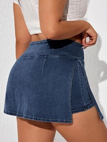 SHEIN EZwear Plus Size Women High Waist Asymmetrical Hem Casual Denim Skorts - Blue - View 2