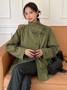 DAZY 女款素色長袖單排扣修身款風衣 - 軍綠色 - 查看 6