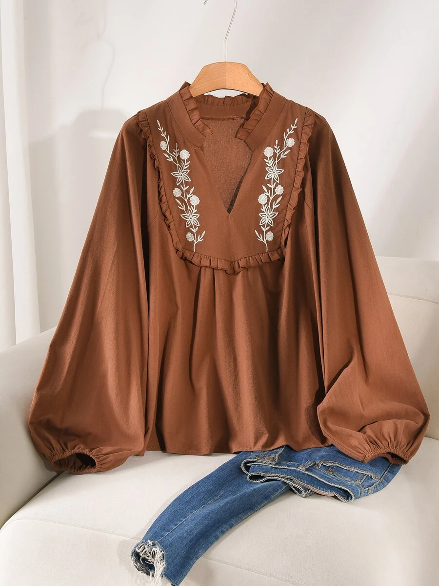 CosyJoli 女款大尺碼花卉刺繡缺口V領燈籠袖襯衫 休閒波西米亞復古風 工作度假 秋冬外出 感恩節穿搭