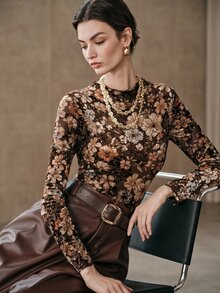 Anewsta Brown Vintage Floral Mesh Frill Trim Fitted Long Sleeve Women's T-Shirt - Coffee Brown - View 5