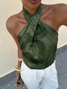 Lavishia 女款夏季橘色印花上衣，浪漫度假海灘穿搭 - 軍綠色 - 查看 6
