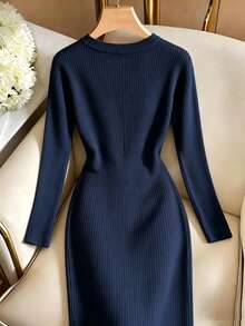 SHEIN Franclia Women's Solid Color Round Neck Casual Daily Summer Dress - Navy Blue - View 2