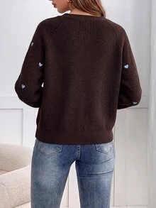 SHEIN Frenchy 愛心刺繡開襟衫，長袖上衣，秋冬針織毛衣 - 咖啡棕 - 查看 2