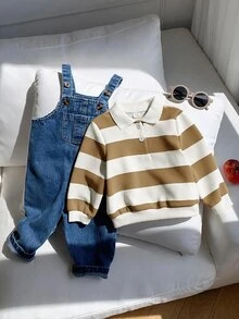 SHEIN 2件組中性新生兒嬰兒男孩/女孩秋冬可愛條紋領衛衣與牛仔吊帶褲套裝，男嬰套裝，男嬰秋季穿搭 - 彩色 - 查看 7