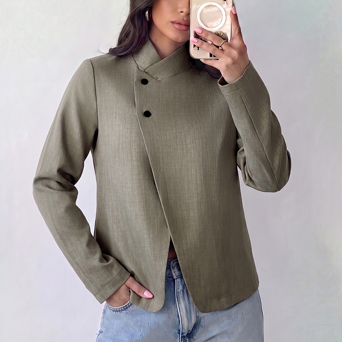 Women's Solid Color Asymmetric Business Casual Blazer Long Sleeve Jacket Vintage Design Elegant Fashion Front Closure Office Work Olive Green Fall