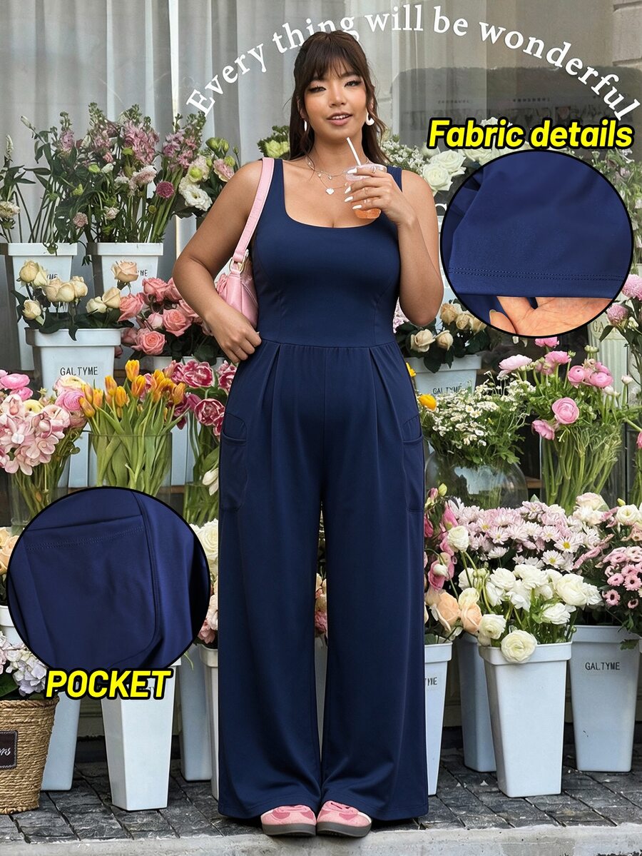 Sunnyshic Women's Plus Size Solid Color Pleated Casual Daily Sports Jumpsuit - Royal Blue - View 1
