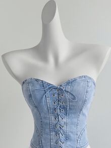 SHEIN Women's Denim Lace-Up Tube Top - Blue - View 3