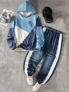 青少年男孩休閒舒適長袖連帽衫與長褲套裝 - 藍色 - 查看 4