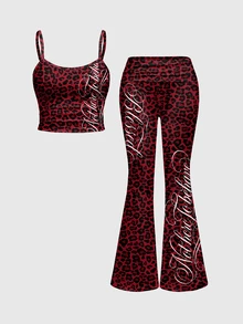 ROMWE Grunge Punk Dark Slogan Sexy Tank Top Camisole & Ruched Low Waist Flare Pants Women 2pcs Set - Red - View 1