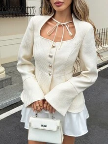 Serisse Mantel Tweed Elegan untuk Wanita, dengan Hiasan Pita di Leher, Hem Bergelombang, Kancing di Depan, Lengan Panjang, dan Potongan Ramping. Pakaian Musim Gugur, Gaya Klasik. - Aprikot - View 4