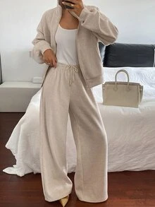 DAZY Women's Velvet-Feel Thick Stand Collar Sweatshirt And Long Pants Casual 2 Pieces Set - Khaki - View 1