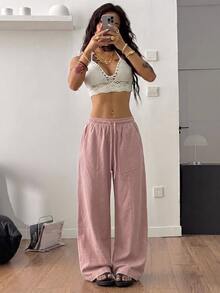 Coolane 女款休閒百搭寬鬆素色長褲 - 粉色 - 查看 2