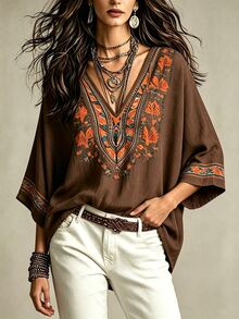 Glimmora Women's Floral Print V-Neck Vintage Fashion Blouse - Multicolor - View 3