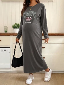 Dazy Maternity Letter Print Loose Long Sleeve Maxi Casual Daily Vacation Spring Autumn Maternity Dress - Grey - View 4
