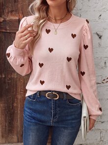 Glimmora Fashion Casual Retro Basic Round Neck Puff Long Sleeve Pink Base Coffee Heart Print T-Shirt - Multicolor - View 5