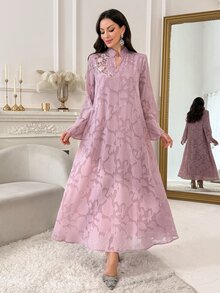Al Najma Women's Exquisite Cut-Out 3D Floral Decor Sequin Arabian Dress - Brown - View 4